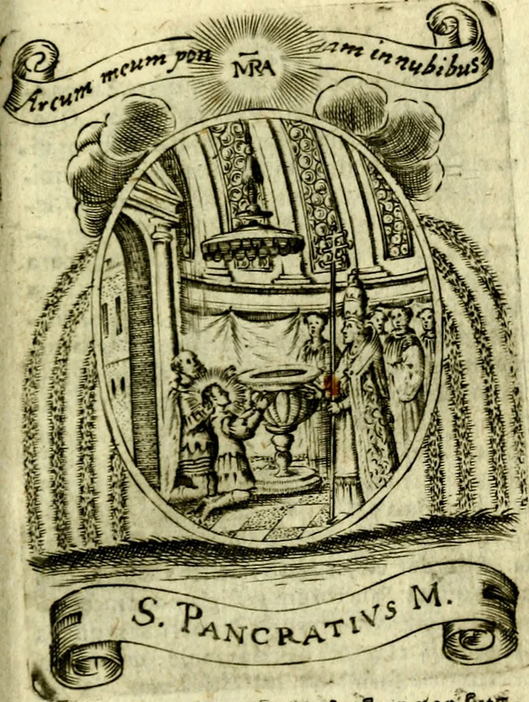 An illustration from Fasti Mariani cum illustrium diuorum imaginib. & elogijs prope DC. in singulos anni menses diésq SS. natales distributis, 1630, leaf 456