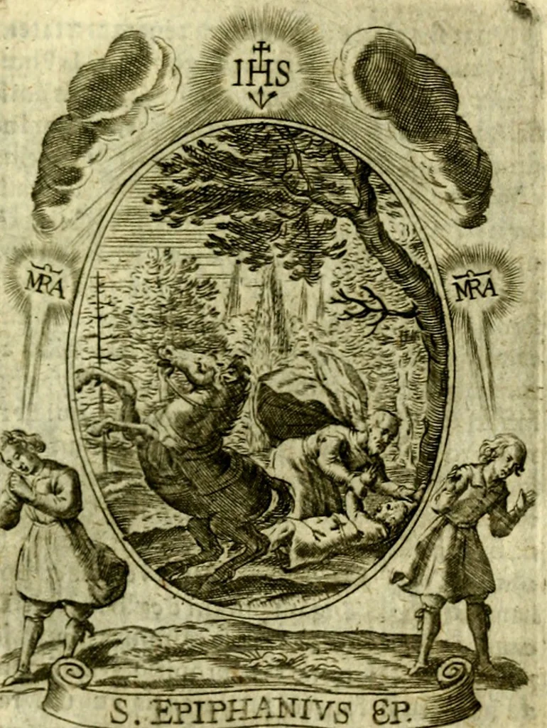 An illustration from Fasti Mariani cum illustrium diuorum imaginib. & elogijs prope DC. in singulos anni menses diésq SS. natales distributis, 1630, leaf 458