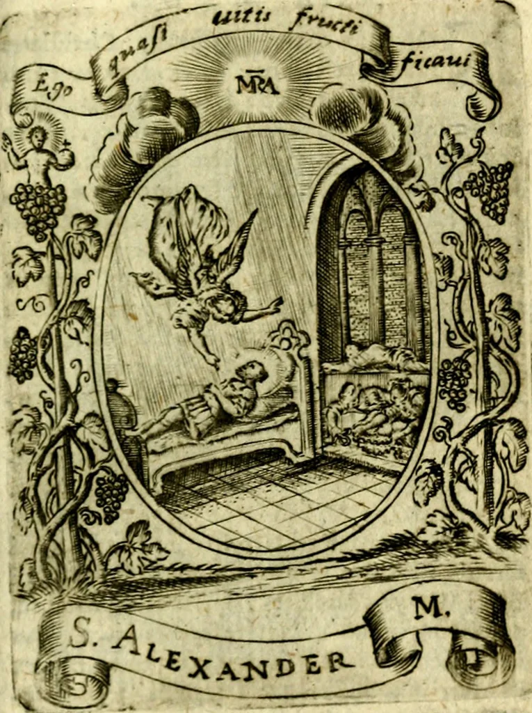 An illustration from Fasti Mariani cum illustrium diuorum imaginib. & elogijs prope DC. in singulos anni menses diésq SS. natales distributis, 1630, leaf 460