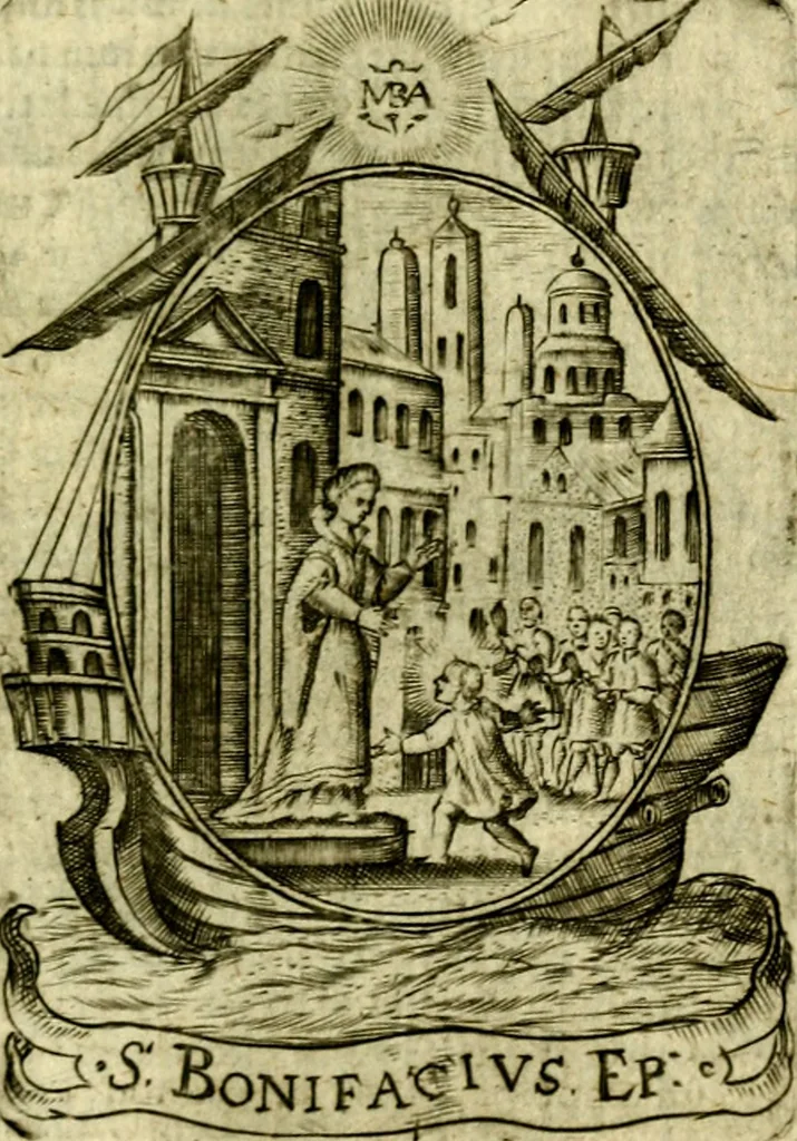 An illustration from Fasti Mariani cum illustrium diuorum imaginib. & elogijs prope DC. in singulos anni menses diésq SS. natales distributis, 1630, leaf 466