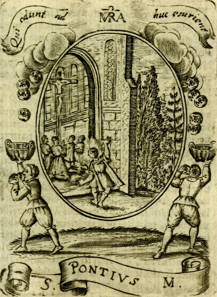 An illustration from Fasti Mariani cum illustrium diuorum imaginib. & elogijs prope DC. in singulos anni menses diésq SS. natales distributis, 1630, leaf 468