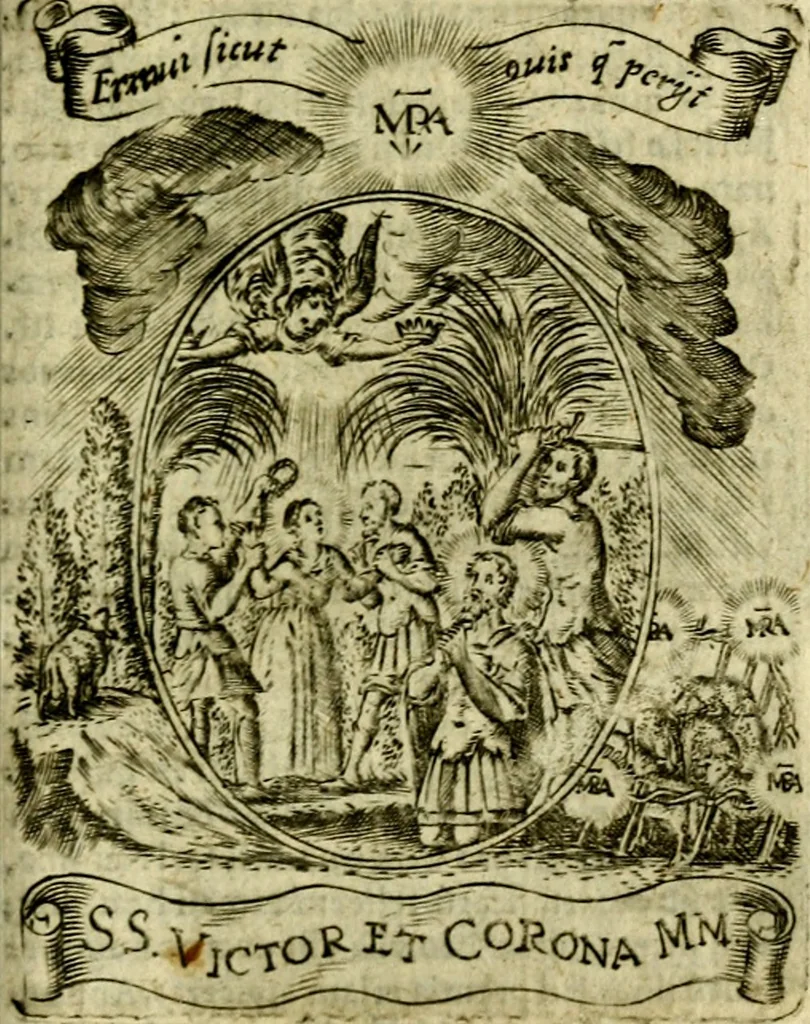 An illustration from Fasti Mariani cum illustrium diuorum imaginib. & elogijs prope DC. in singulos anni menses diésq SS. natales distributis, 1630, leaf 470