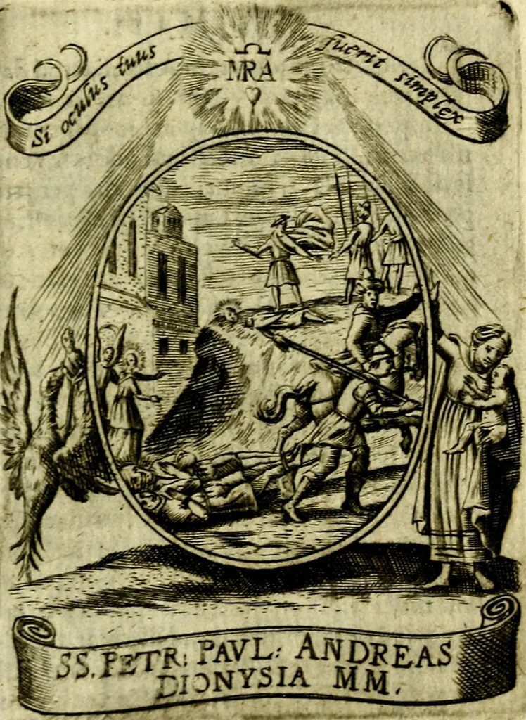 An illustration from Fasti Mariani cum illustrium diuorum imaginib. & elogijs prope DC. in singulos anni menses diésq SS. natales distributis, 1630, leaf 472