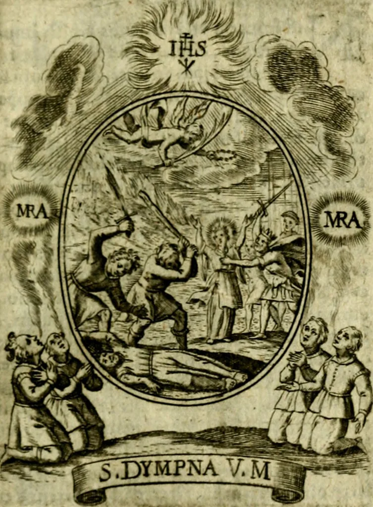 An illustration from Fasti Mariani cum illustrium diuorum imaginib. & elogijs prope DC. in singulos anni menses diésq SS. natales distributis, 1630, leaf 474