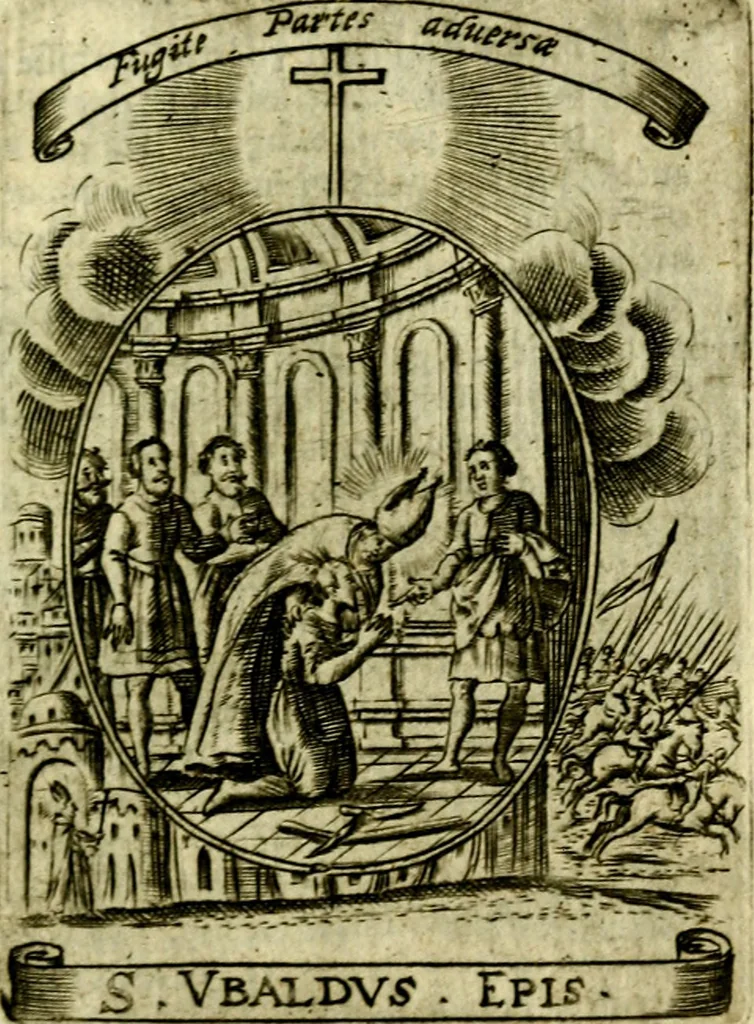 An illustration from Fasti Mariani cum illustrium diuorum imaginib. & elogijs prope DC. in singulos anni menses diésq SS. natales distributis, 1630, leaf 476