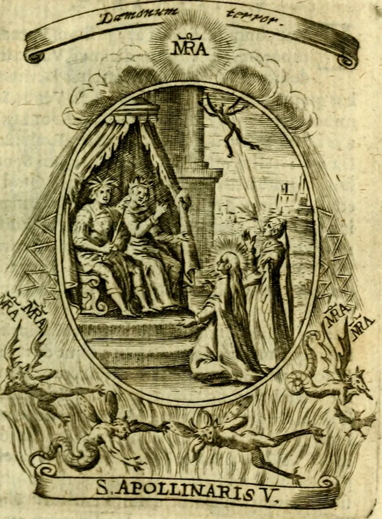 An illustration from Fasti Mariani cum illustrium diuorum imaginib. & elogijs prope DC. in singulos anni menses diésq SS. natales distributis, 1630, leaf 48