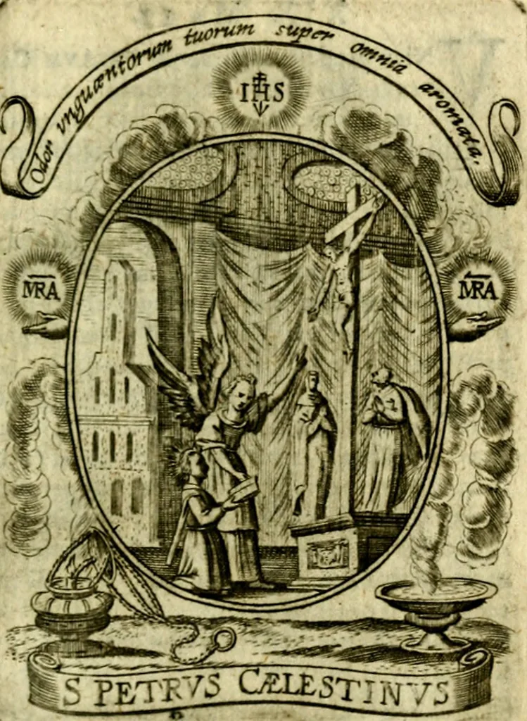 An illustration from Fasti Mariani cum illustrium diuorum imaginib. & elogijs prope DC. in singulos anni menses diésq SS. natales distributis, 1630, leaf 486