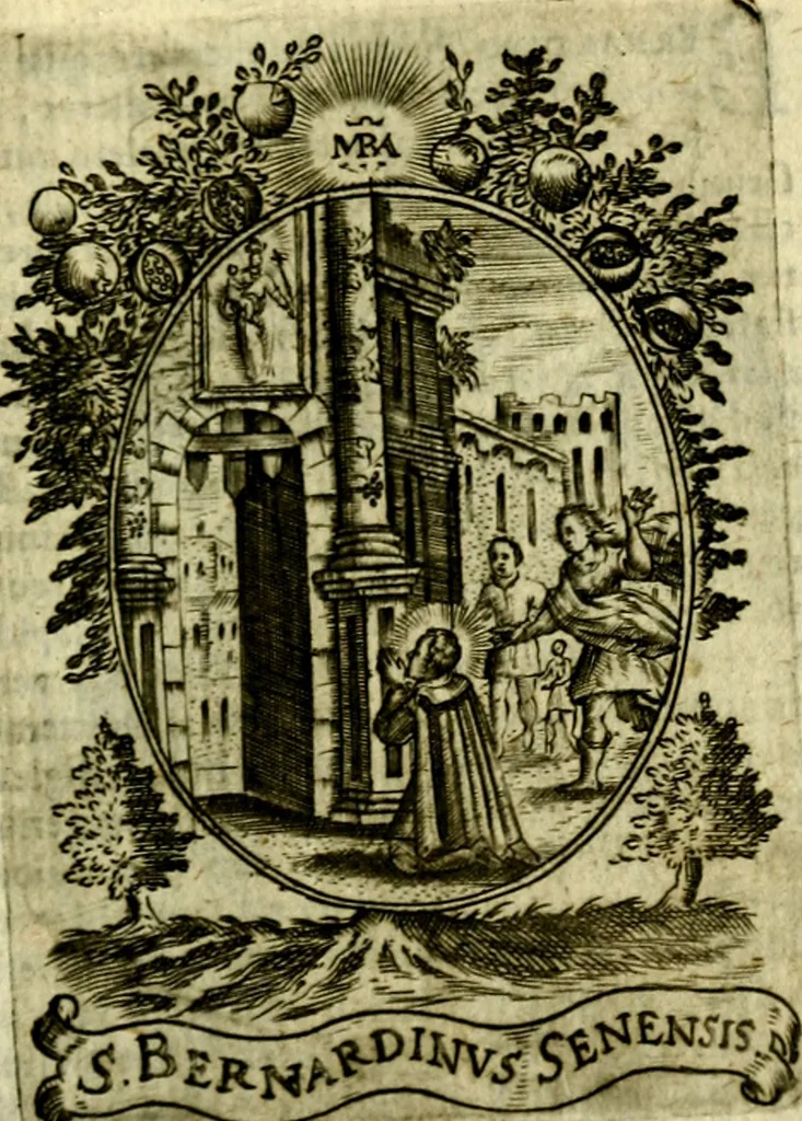 An illustration from Fasti Mariani cum illustrium diuorum imaginib. & elogijs prope DC. in singulos anni menses diésq SS. natales distributis, 1630, leaf 488
