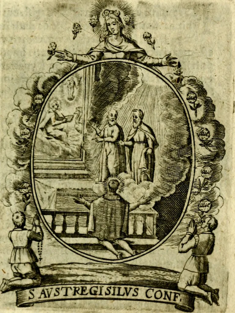 An illustration from Fasti Mariani cum illustrium diuorum imaginib. & elogijs prope DC. in singulos anni menses diésq SS. natales distributis, 1630, leaf 490