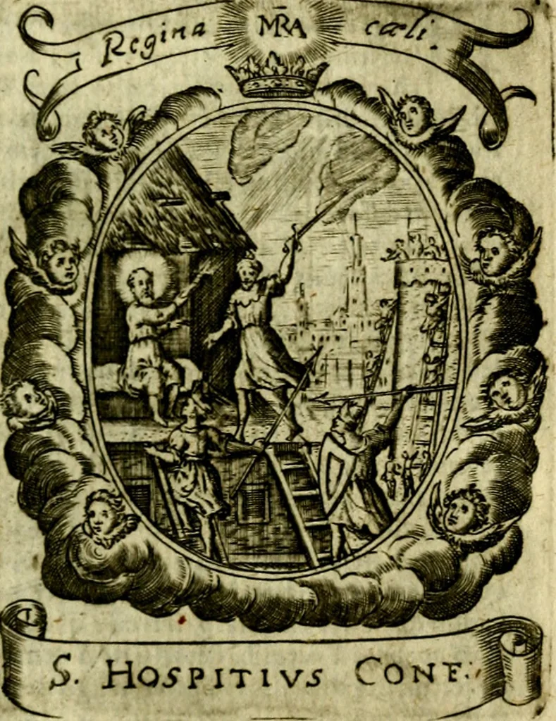 An illustration from Fasti Mariani cum illustrium diuorum imaginib. & elogijs prope DC. in singulos anni menses diésq SS. natales distributis, 1630, leaf 492