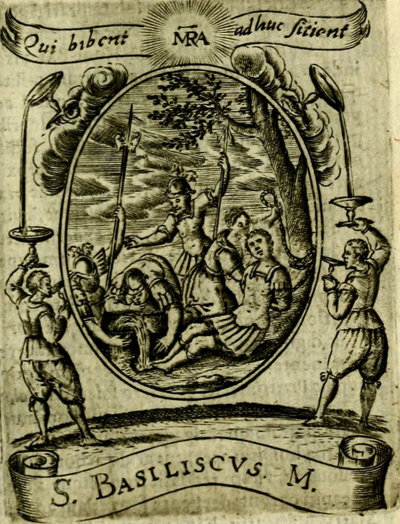 An illustration from Fasti Mariani cum illustrium diuorum imaginib. & elogijs prope DC. in singulos anni menses diésq SS. natales distributis, 1630, leaf 494