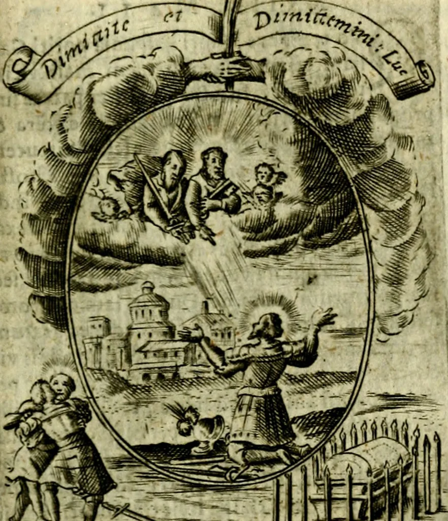 An illustration from Fasti Mariani cum illustrium diuorum imaginib. & elogijs prope DC. in singulos anni menses diésq SS. natales distributis, 1630, leaf 496