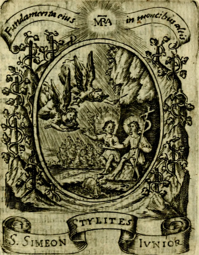 An illustration from Fasti Mariani cum illustrium diuorum imaginib. & elogijs prope DC. in singulos anni menses diésq SS. natales distributis, 1630, leaf 498