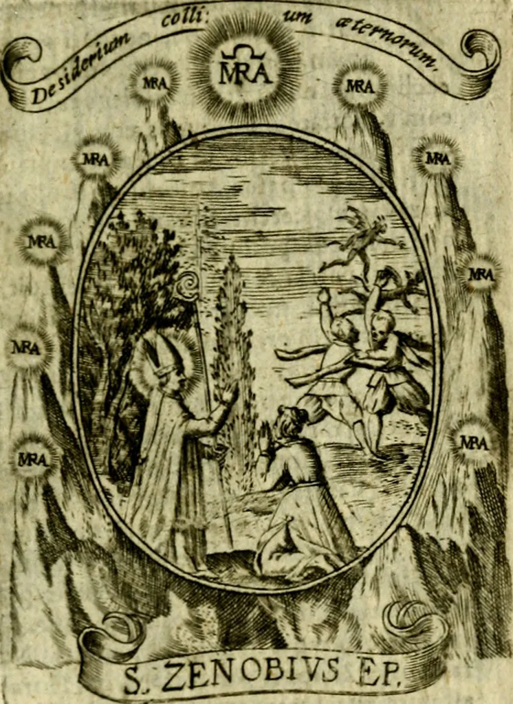 An illustration from Fasti Mariani cum illustrium diuorum imaginib. & elogijs prope DC. in singulos anni menses diésq SS. natales distributis, 1630, leaf 500