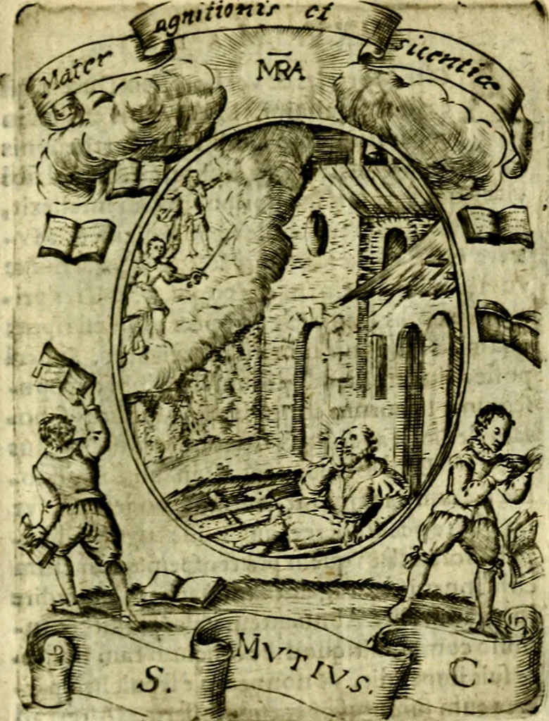An illustration from Fasti Mariani cum illustrium diuorum imaginib. & elogijs prope DC. in singulos anni menses diésq SS. natales distributis, 1630, leaf 502