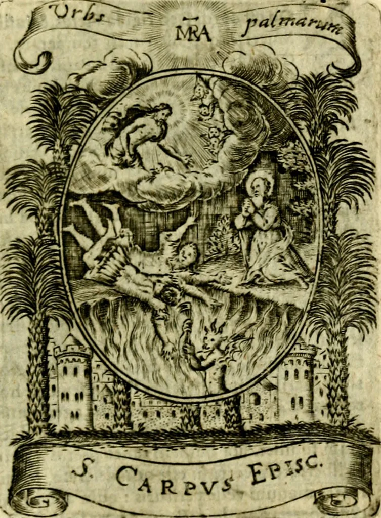 An illustration from Fasti Mariani cum illustrium diuorum imaginib. & elogijs prope DC. in singulos anni menses diésq SS. natales distributis, 1630, leaf 504