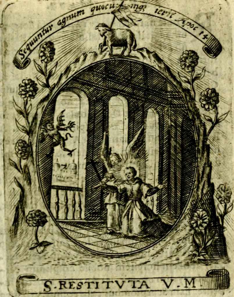 An illustration from Fasti Mariani cum illustrium diuorum imaginib. & elogijs prope DC. in singulos anni menses diésq SS. natales distributis, 1630, leaf 506