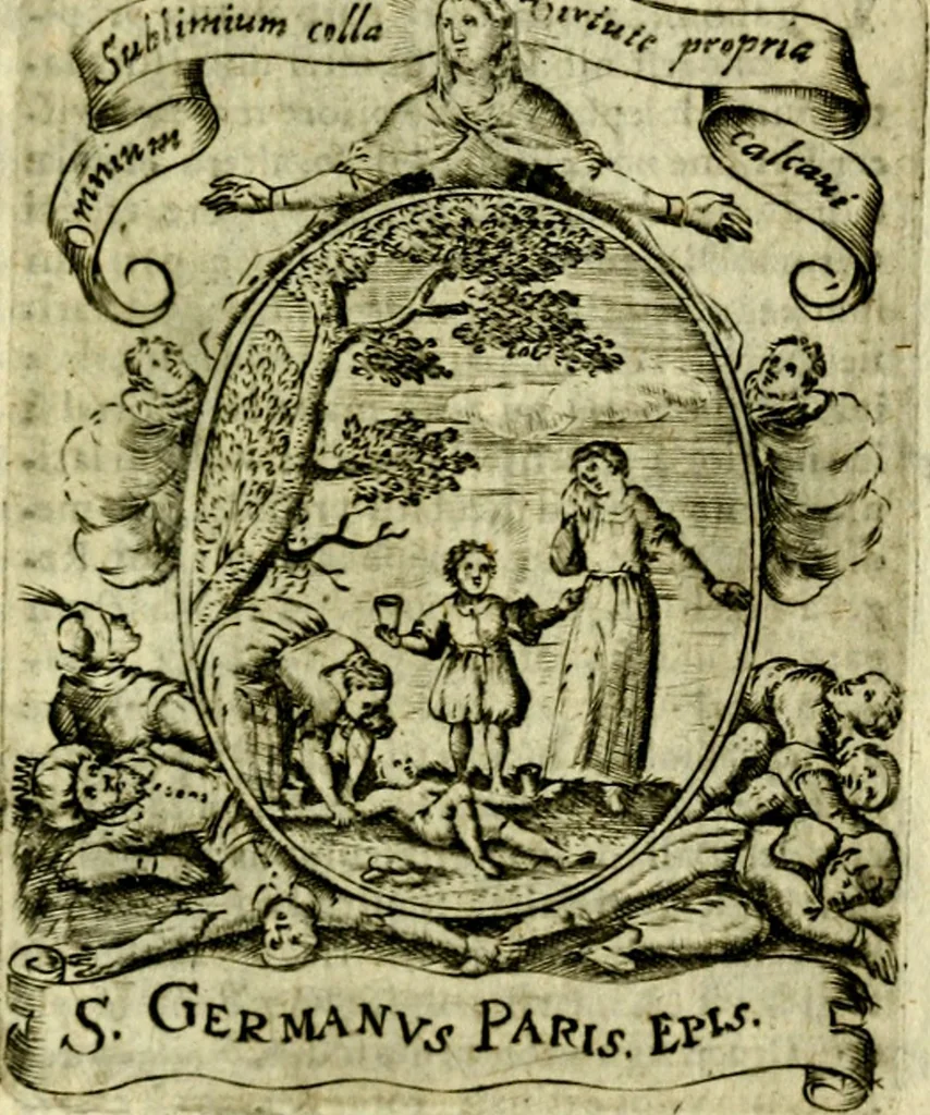 An illustration from Fasti Mariani cum illustrium diuorum imaginib. & elogijs prope DC. in singulos anni menses diésq SS. natales distributis, 1630, leaf 508