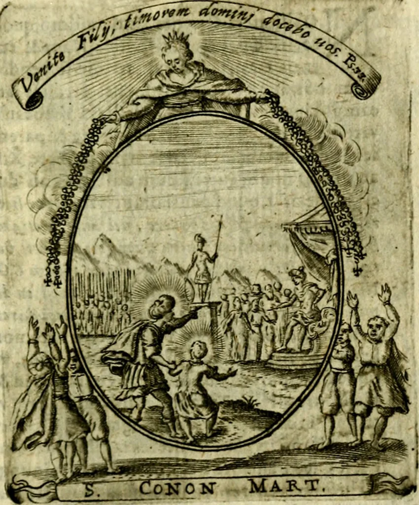 An illustration from Fasti Mariani cum illustrium diuorum imaginib. & elogijs prope DC. in singulos anni menses diésq SS. natales distributis, 1630, leaf 510