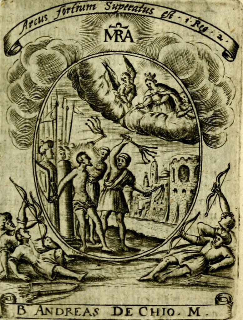 An illustration from Fasti Mariani cum illustrium diuorum imaginib. & elogijs prope DC. in singulos anni menses diésq SS. natales distributis, 1630, leaf 512