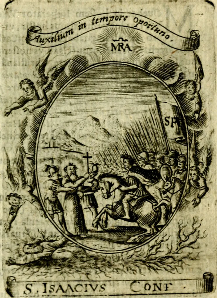 An illustration from Fasti Mariani cum illustrium diuorum imaginib. & elogijs prope DC. in singulos anni menses diésq SS. natales distributis, 1630, leaf 514
