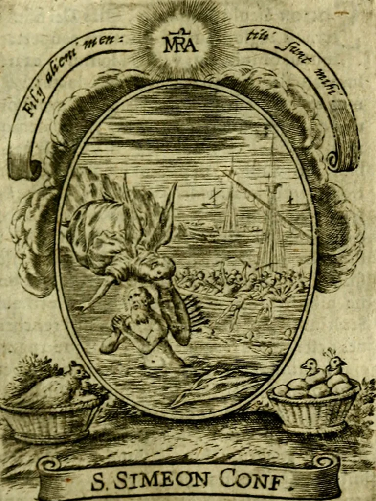 An illustration from Fasti Mariani cum illustrium diuorum imaginib. & elogijs prope DC. in singulos anni menses diésq SS. natales distributis, 1630, leaf 520