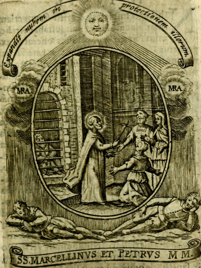 An illustration from Fasti Mariani cum illustrium diuorum imaginib. & elogijs prope DC. in singulos anni menses diésq SS. natales distributis, 1630, leaf 522