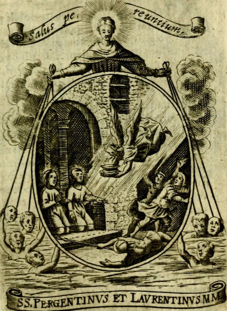 An illustration from Fasti Mariani cum illustrium diuorum imaginib. & elogijs prope DC. in singulos anni menses diésq SS. natales distributis, 1630, leaf 526