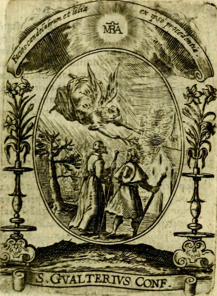 An illustration from Fasti Mariani cum illustrium diuorum imaginib. & elogijs prope DC. in singulos anni menses diésq SS. natales distributis, 1630, leaf 528