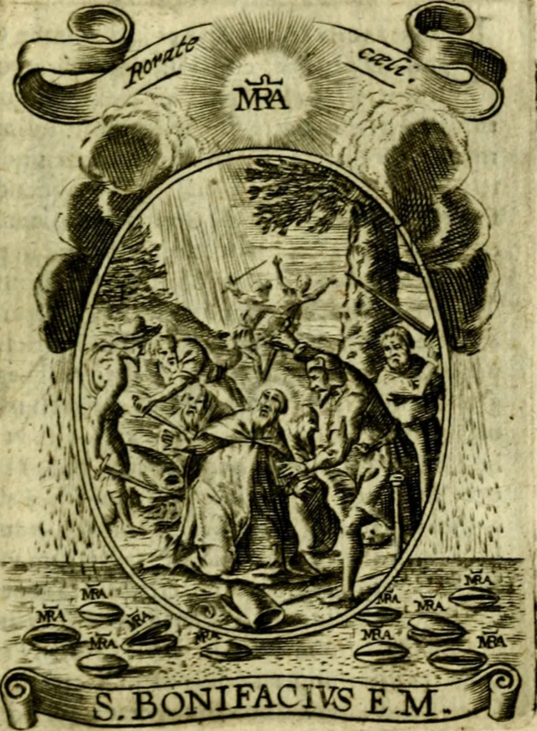 An illustration from Fasti Mariani cum illustrium diuorum imaginib. & elogijs prope DC. in singulos anni menses diésq SS. natales distributis, 1630, leaf 530