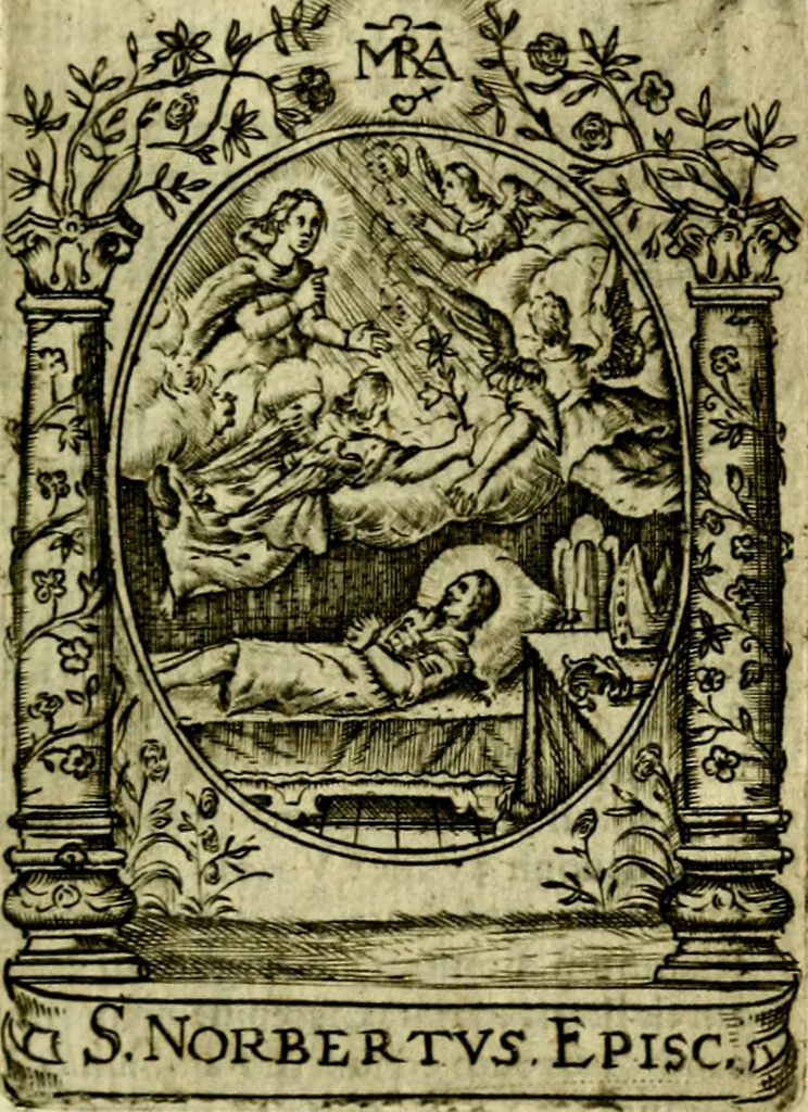 An illustration from Fasti Mariani cum illustrium diuorum imaginib. & elogijs prope DC. in singulos anni menses diésq SS. natales distributis, 1630, leaf 532