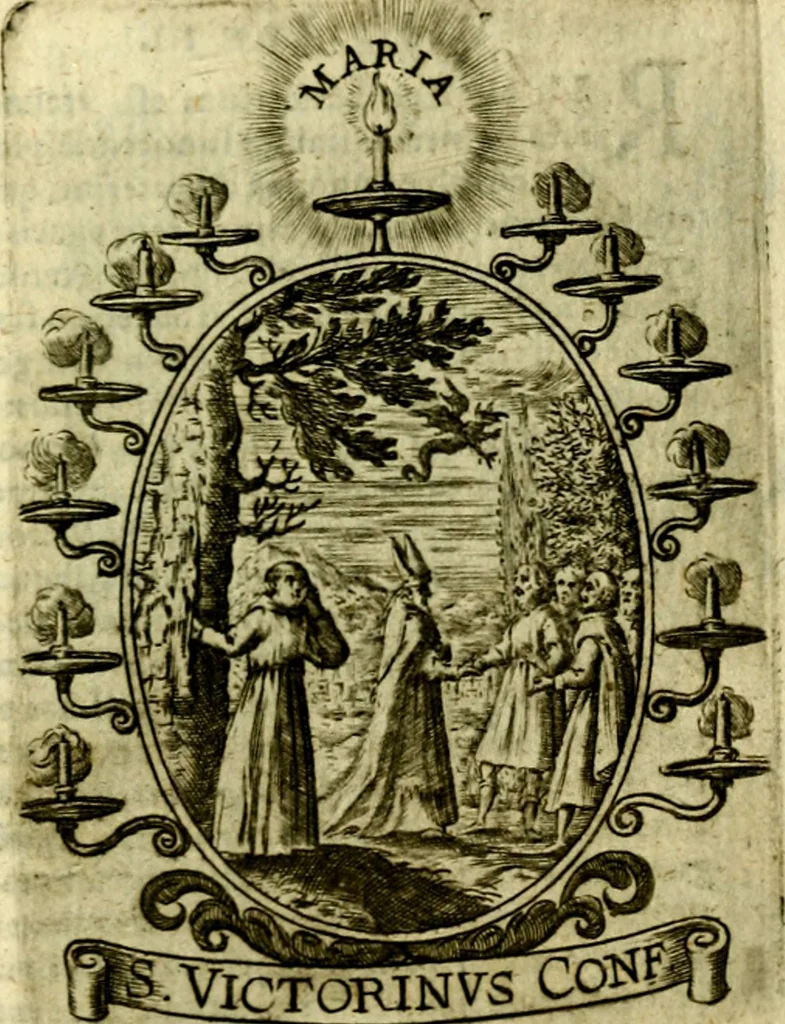 An illustration from Fasti Mariani cum illustrium diuorum imaginib. & elogijs prope DC. in singulos anni menses diésq SS. natales distributis, 1630, leaf 536