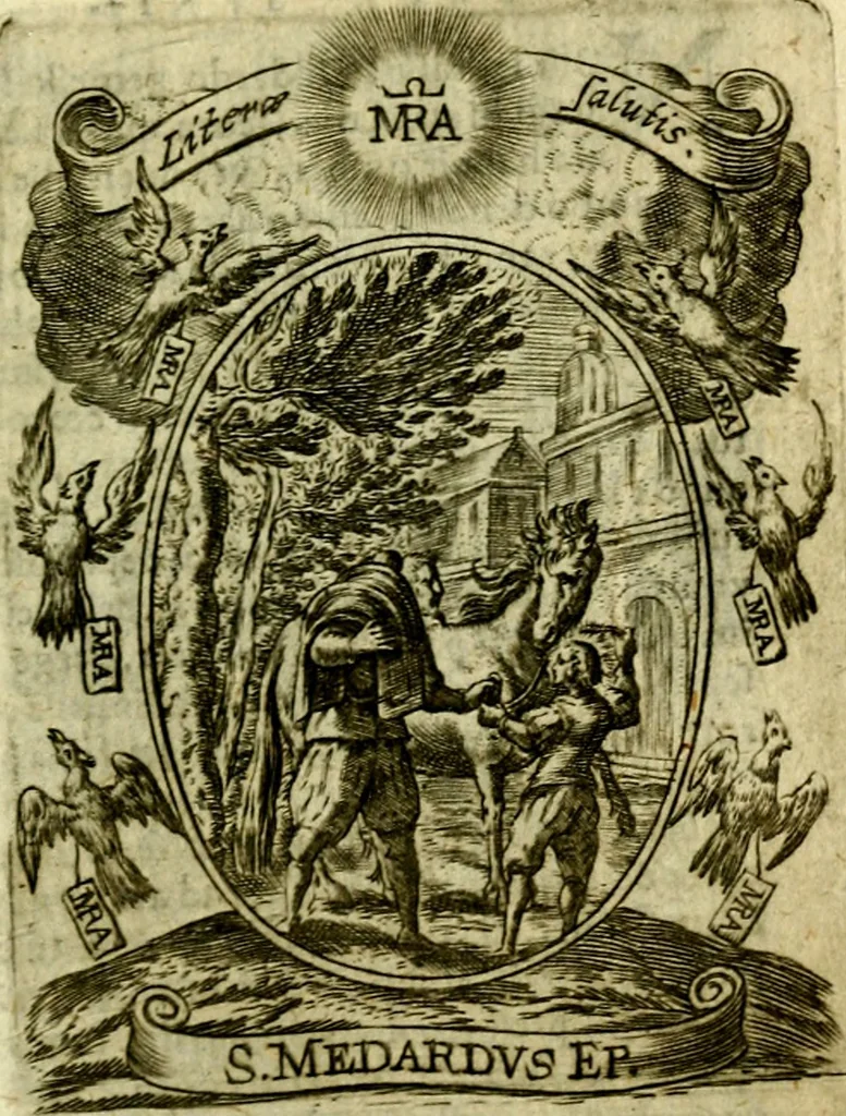 An illustration from Fasti Mariani cum illustrium diuorum imaginib. & elogijs prope DC. in singulos anni menses diésq SS. natales distributis, 1630, leaf 538