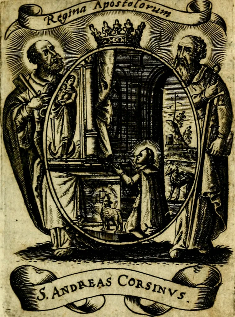 An illustration from Fasti Mariani cum illustrium diuorum imaginib. & elogijs prope DC. in singulos anni menses diésq SS. natales distributis, 1630, leaf 54
