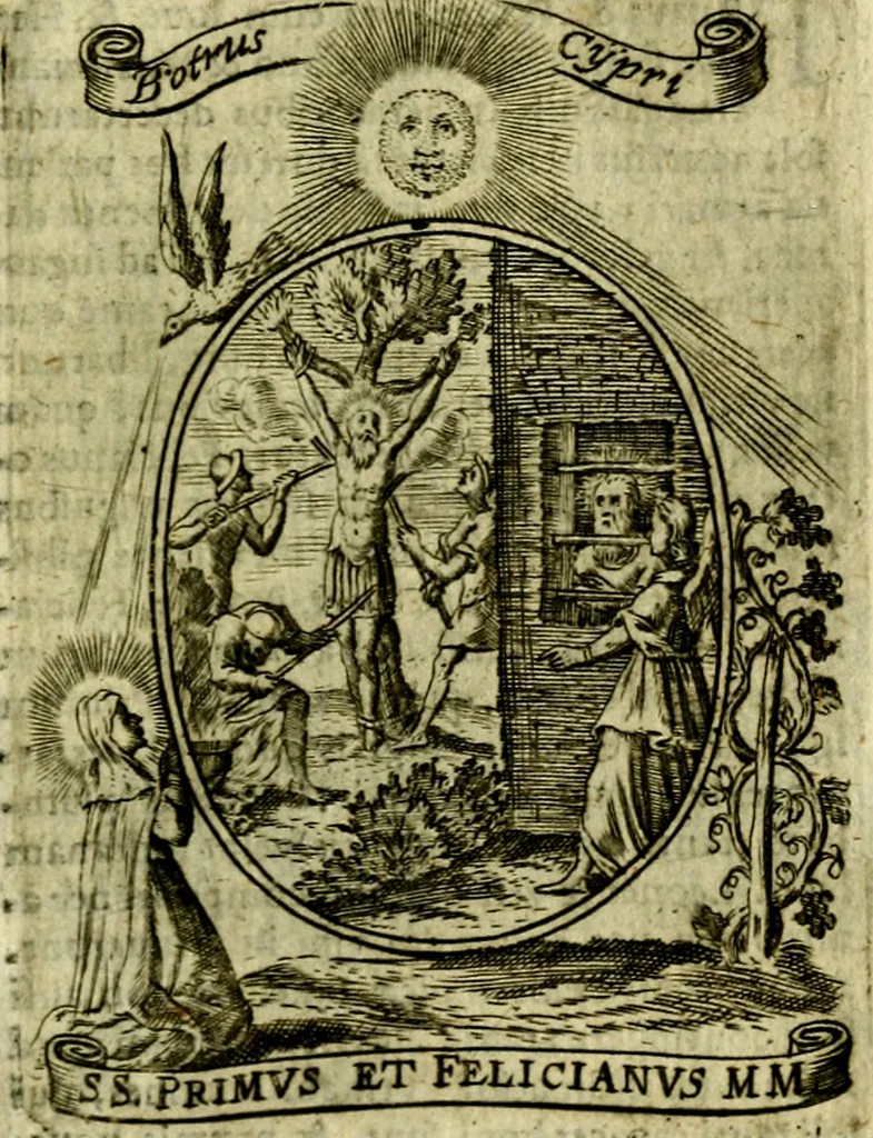 An illustration from Fasti Mariani cum illustrium diuorum imaginib. & elogijs prope DC. in singulos anni menses diésq SS. natales distributis, 1630, leaf 540