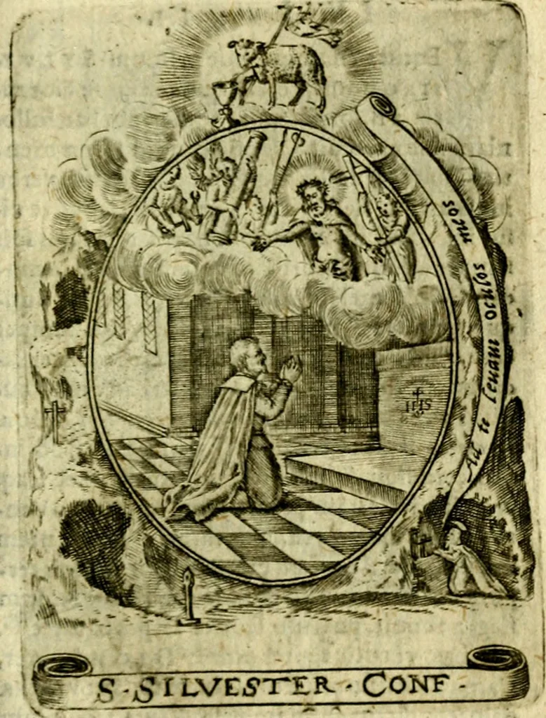 An illustration from Fasti Mariani cum illustrium diuorum imaginib. & elogijs prope DC. in singulos anni menses diésq SS. natales distributis, 1630, leaf 542