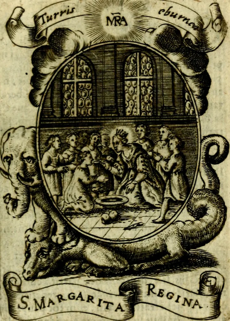 An illustration from Fasti Mariani cum illustrium diuorum imaginib. & elogijs prope DC. in singulos anni menses diésq SS. natales distributis, 1630, leaf 544