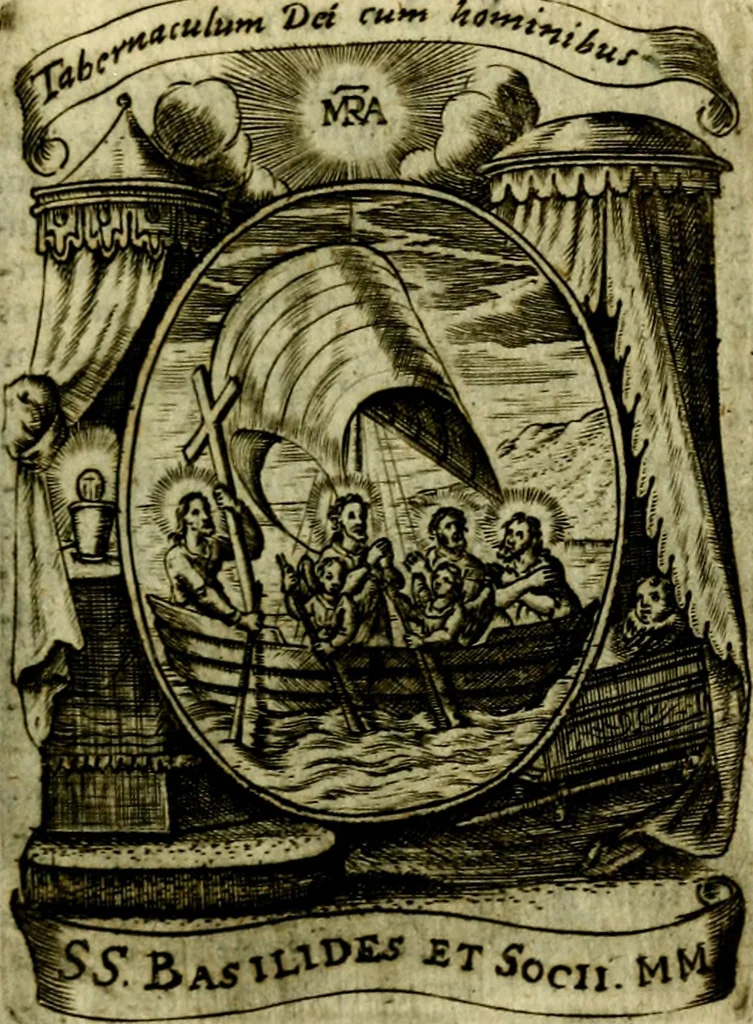 An illustration from Fasti Mariani cum illustrium diuorum imaginib. & elogijs prope DC. in singulos anni menses diésq SS. natales distributis, 1630, leaf 546