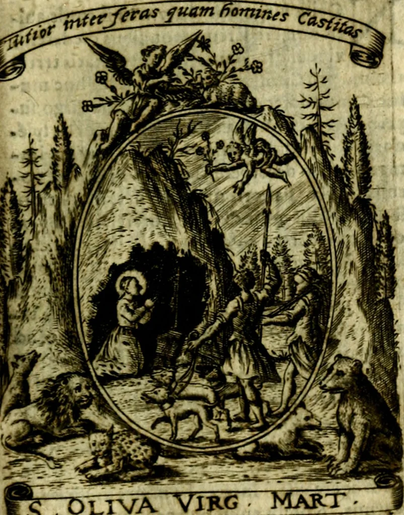 An illustration from Fasti Mariani cum illustrium diuorum imaginib. & elogijs prope DC. in singulos anni menses diésq SS. natales distributis, 1630, leaf 548