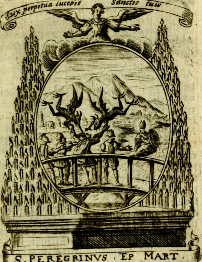 An illustration from Fasti Mariani cum illustrium diuorum imaginib. & elogijs prope DC. in singulos anni menses diésq SS. natales distributis, 1630, leaf 554