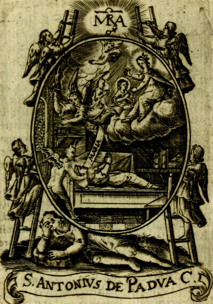 An illustration from Fasti Mariani cum illustrium diuorum imaginib. & elogijs prope DC. in singulos anni menses diésq SS. natales distributis, 1630, leaf 556
