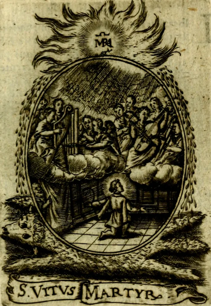 An illustration from Fasti Mariani cum illustrium diuorum imaginib. & elogijs prope DC. in singulos anni menses diésq SS. natales distributis, 1630, leaf 560