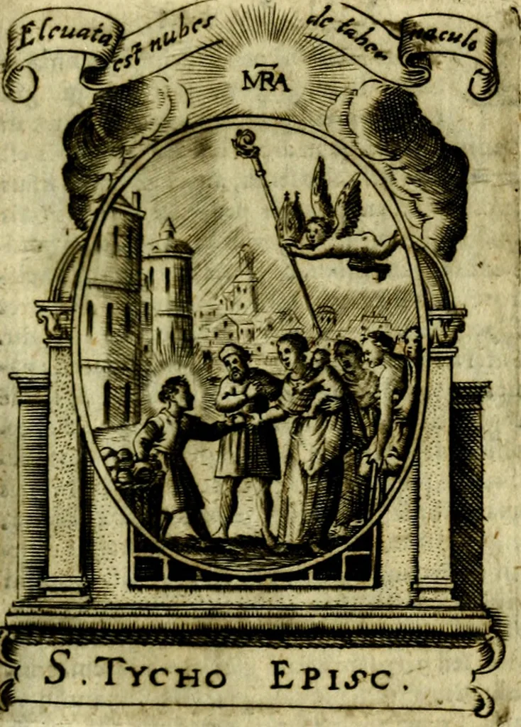 An illustration from Fasti Mariani cum illustrium diuorum imaginib. & elogijs prope DC. in singulos anni menses diésq SS. natales distributis, 1630, leaf 566