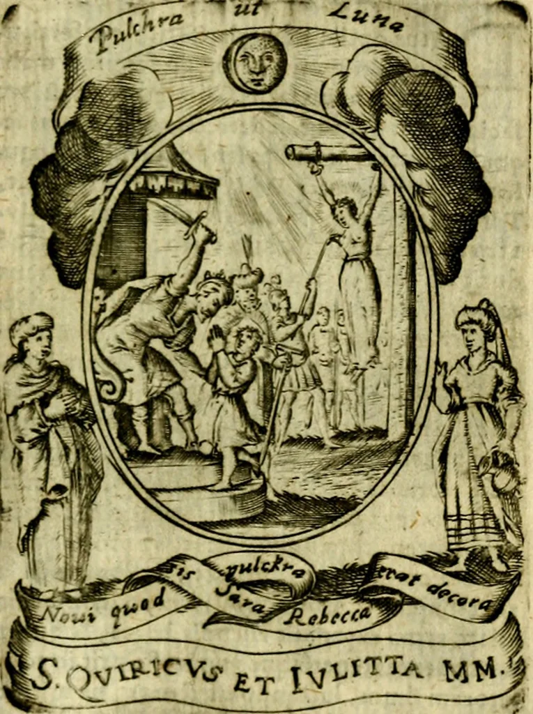 An illustration from Fasti Mariani cum illustrium diuorum imaginib. & elogijs prope DC. in singulos anni menses diésq SS. natales distributis, 1630, leaf 568