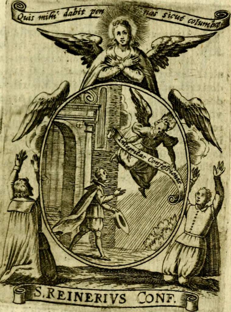An illustration from Fasti Mariani cum illustrium diuorum imaginib. & elogijs prope DC. in singulos anni menses diésq SS. natales distributis, 1630, leaf 572