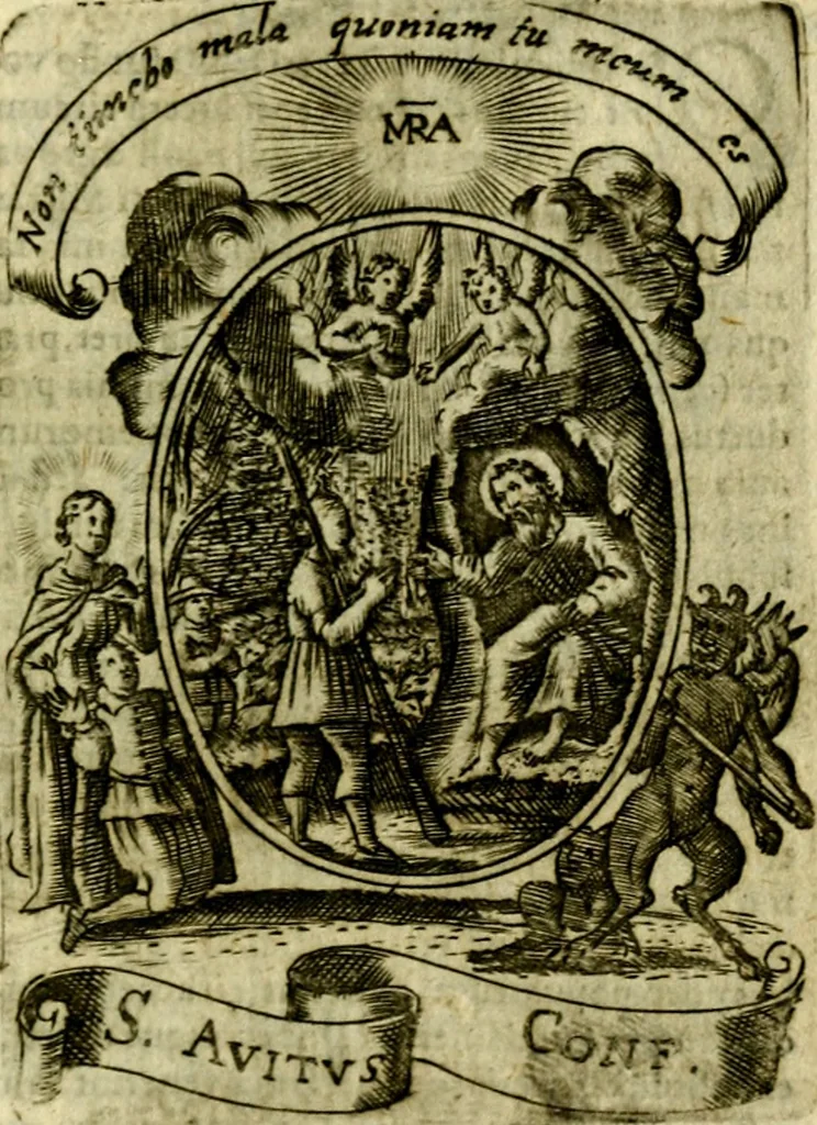An illustration from Fasti Mariani cum illustrium diuorum imaginib. & elogijs prope DC. in singulos anni menses diésq SS. natales distributis, 1630, leaf 574