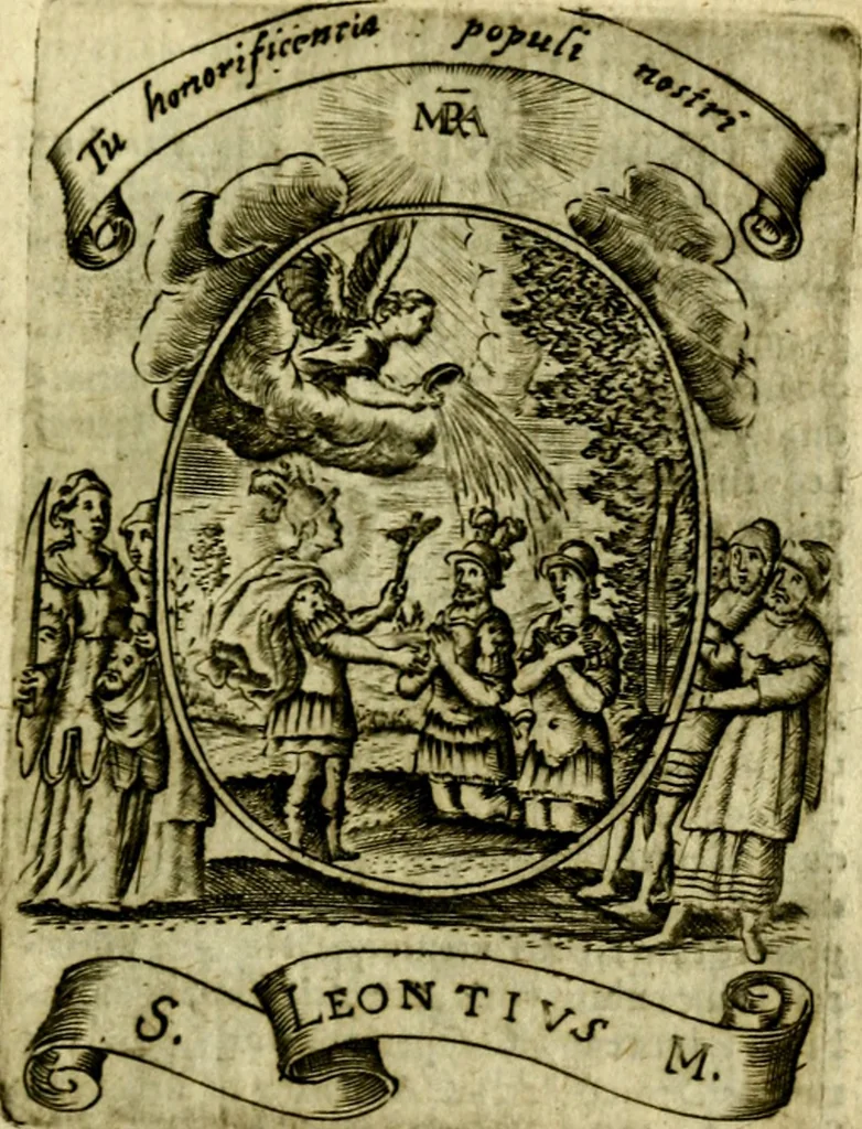 An illustration from Fasti Mariani cum illustrium diuorum imaginib. & elogijs prope DC. in singulos anni menses diésq SS. natales distributis, 1630, leaf 576