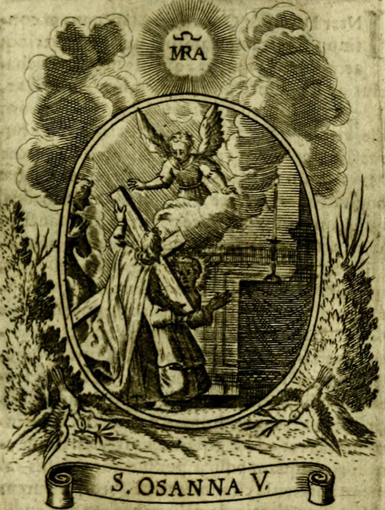 An illustration from Fasti Mariani cum illustrium diuorum imaginib. & elogijs prope DC. in singulos anni menses diésq SS. natales distributis, 1630, leaf 578