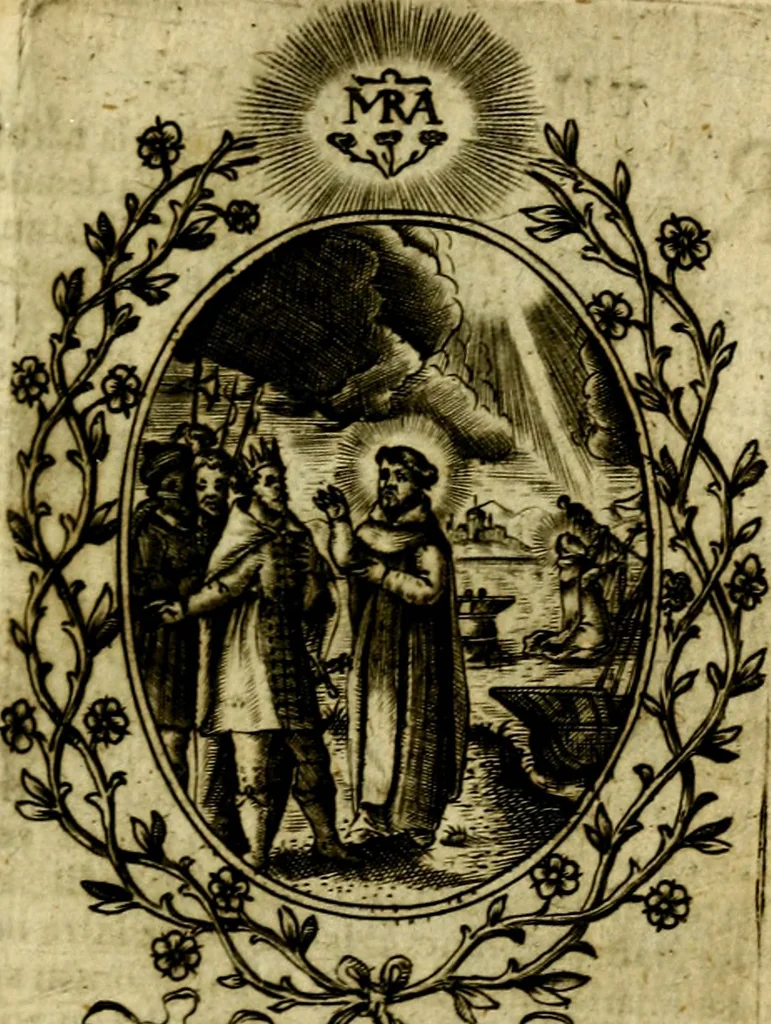 An illustration from Fasti Mariani cum illustrium diuorum imaginib. & elogijs prope DC. in singulos anni menses diésq SS. natales distributis, 1630, leaf 58