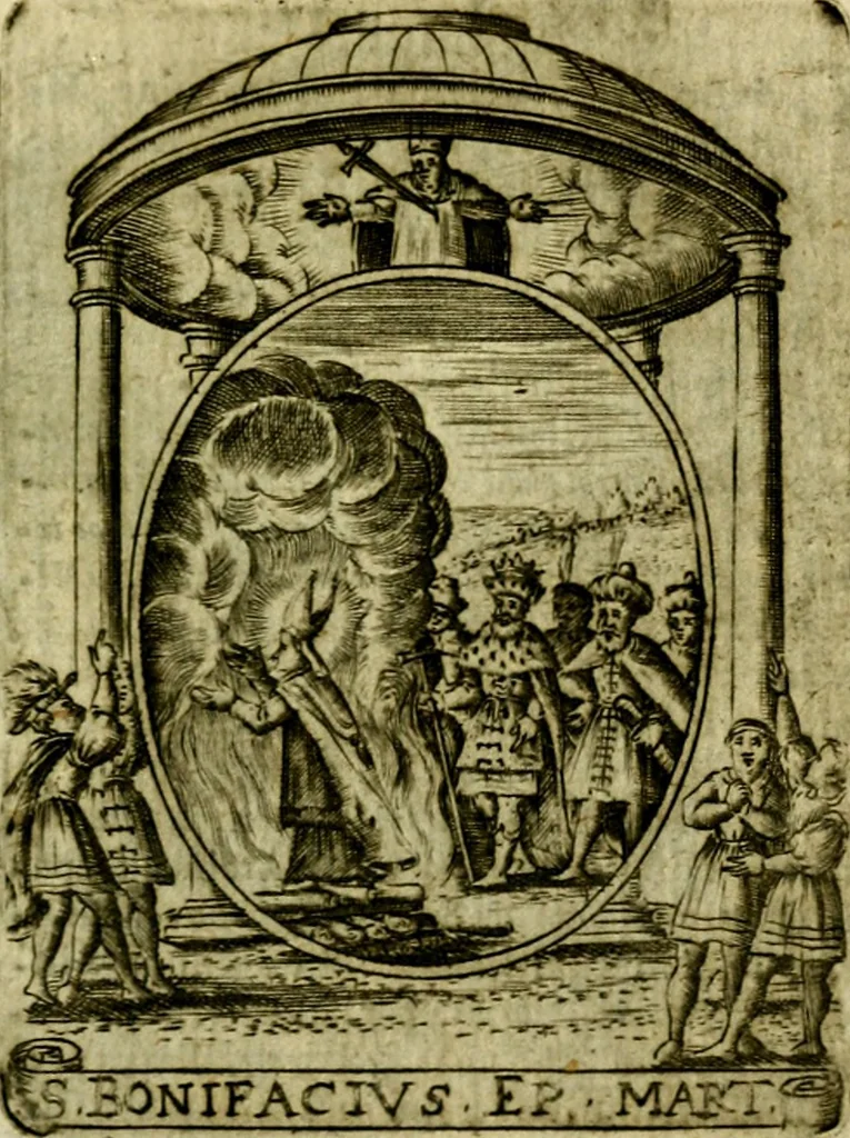 An illustration from Fasti Mariani cum illustrium diuorum imaginib. & elogijs prope DC. in singulos anni menses diésq SS. natales distributis, 1630, leaf 580